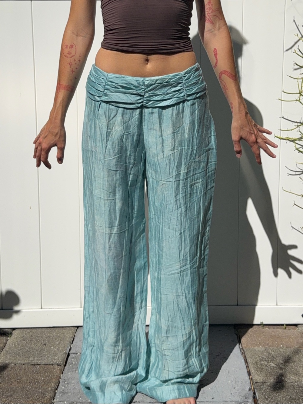 y2k Raffinalla Light Blue Wide-Leg Linen-Blend Pants